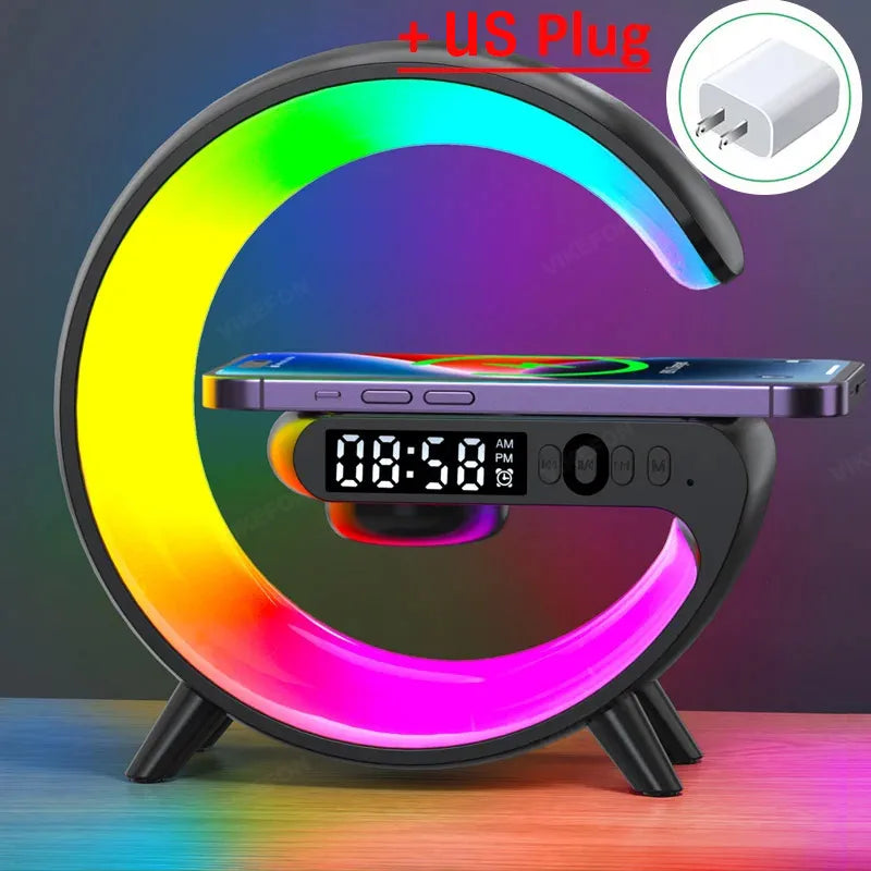 Base de Carga Inalámbrica Multifuncional con Reloj, Altavoz y Luz RGB