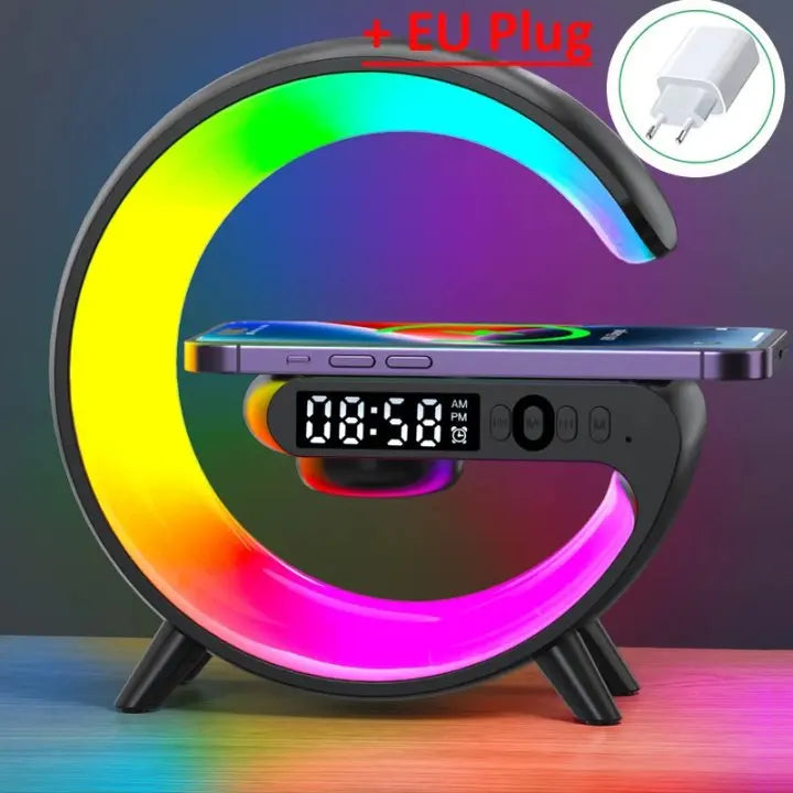 Base de Carga Inalámbrica Multifuncional con Reloj, Altavoz y Luz RGB